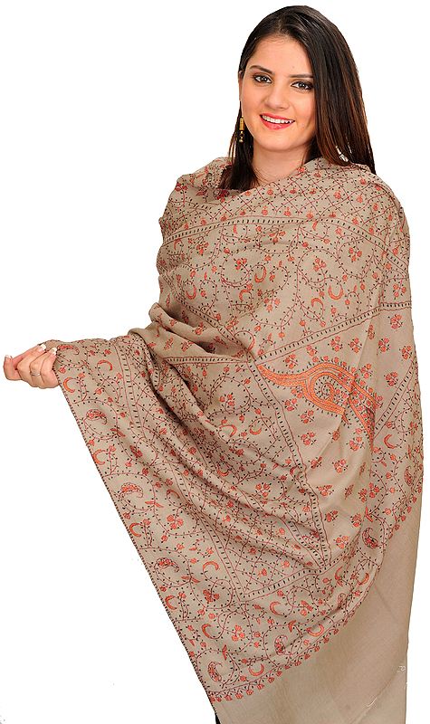 Goat-Gray Tusha Shawl from Kashmir with Sozni Hand-Embroidery All-Over
