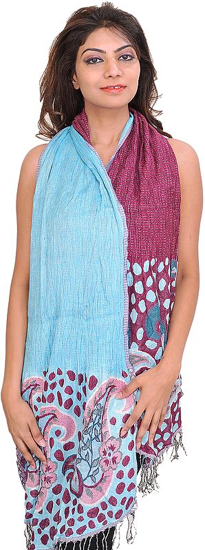 Boysenberry and Blue Reversible Scarf with Woven Paisleys and Bootis