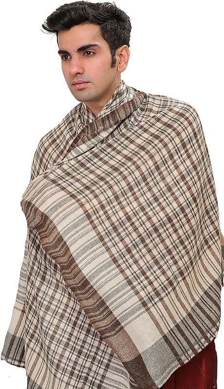 White and Brown Cashmere Men's Scarf from Nepal with Woven Checks
