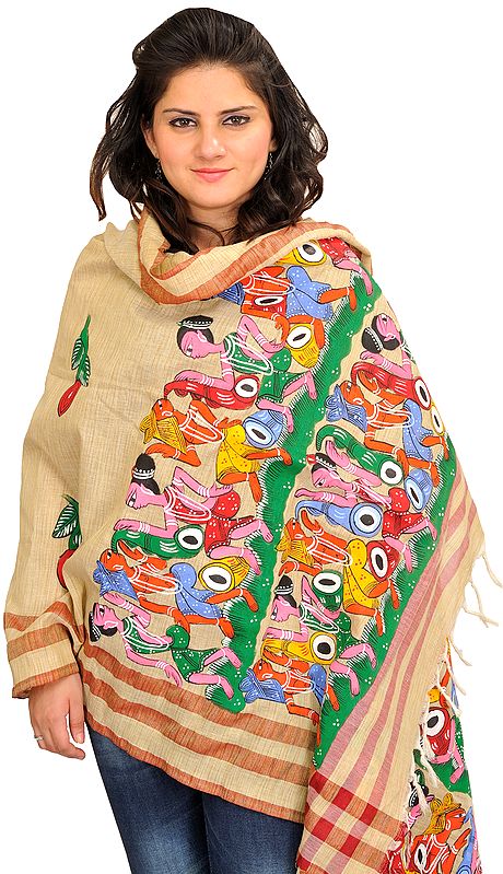 Almond-Oil Dupatta from Bengal with Painted Folk Motifs