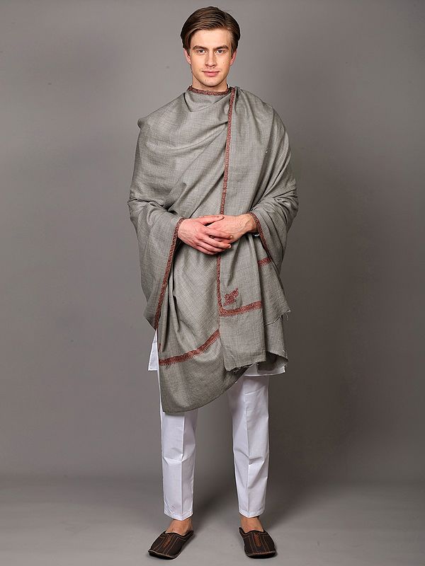 Men's Tusha Shawl from Kashmir with Sozni Hand-Embroidery on Border
