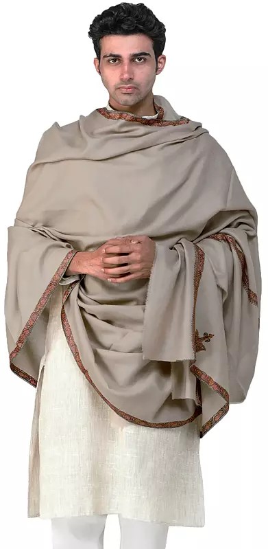 Men's Tusha Shawl from Kashmir with Sozni Hand-Embroidery on Border