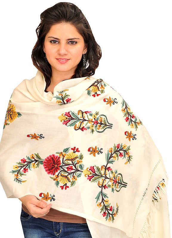 Stole from Kashmir with Aari Floral-Embroidery by Hand