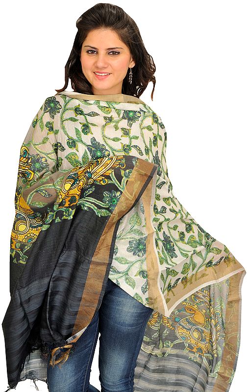 White and Black Dupatta from Banaras with Foliage Print and Peacocks