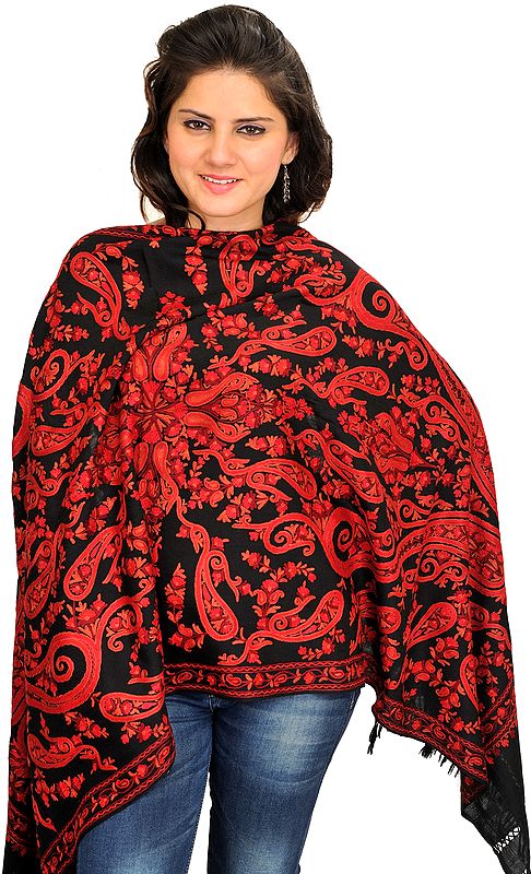 Black and Red Stole from Kashmir with Aari Hand-Embroidered Paisleys