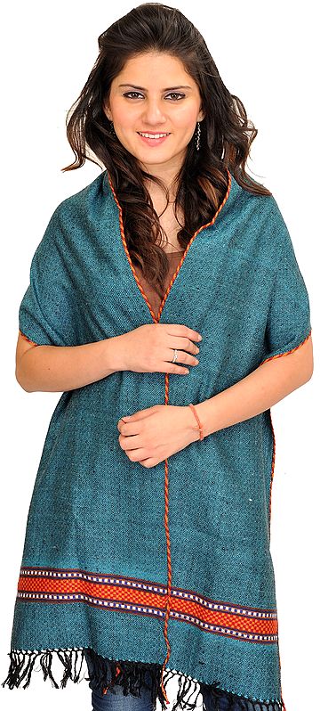 Colonial-Blue Scarf from Kullu with Thread Weave and Woven Border