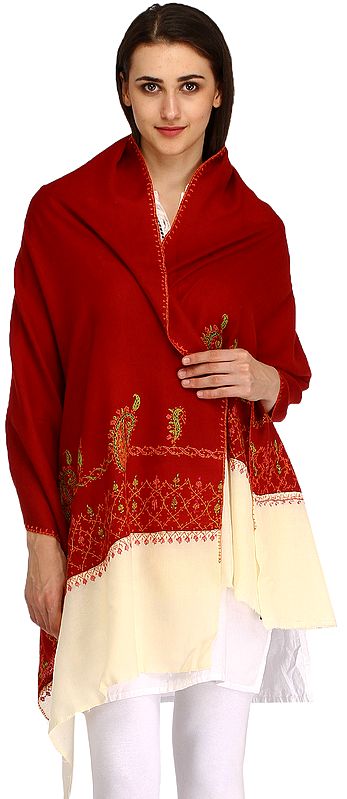 Maroon and Cream Tusha Stole from Kashmir with Sozni Hand-Embroidery on Border