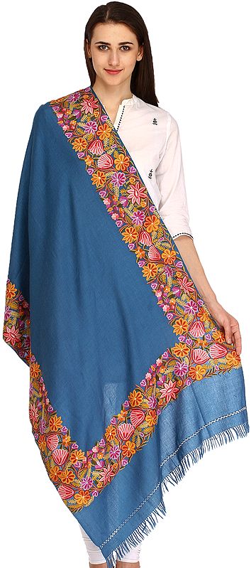 Steel-Blue Stole from Kashmir with Floral Hand-Embroidery on Border