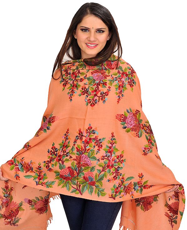 Cadmium Orange Stole from Kashmir with Aari Embroidery by Hand