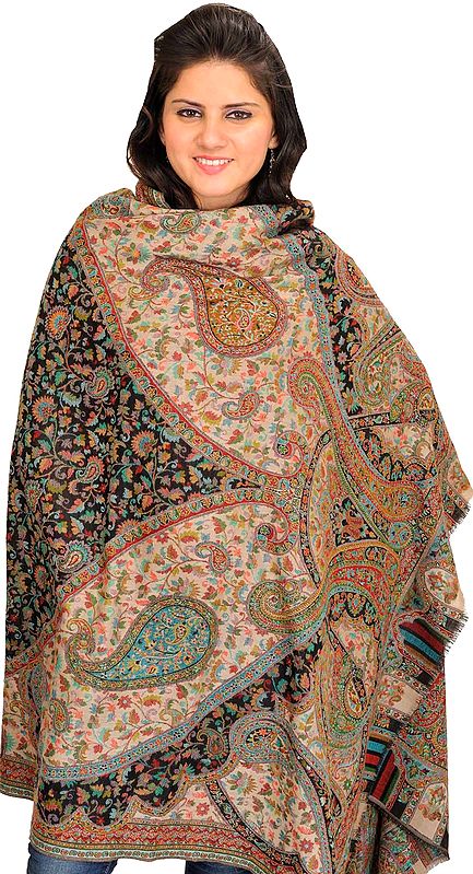 Black and Beige Kani Jamawar Shawl from Amritsar with Multi-Color Thread Weave