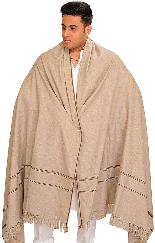 Beige Men's Dushala From Kullu with Embroidery on Border