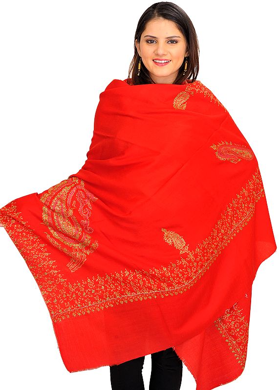 Fiery Red Shawl From Kashmir with Needle Embroidery by Hand
