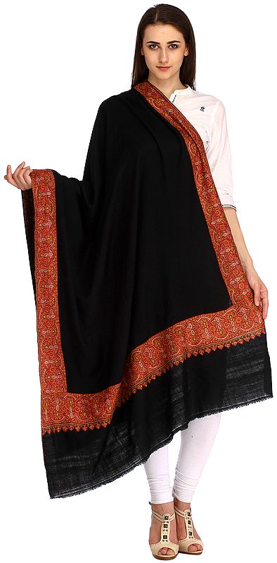 Phantom Black Pure Pashmina Shawl From Kashmir With Intricate Sozni Embroidery by Hand