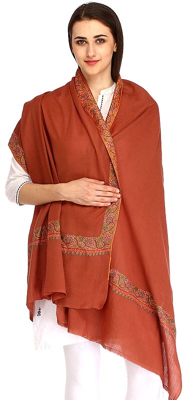 Plain Clove-Brown Tusha Stole with Needle-Embroidery By Hand