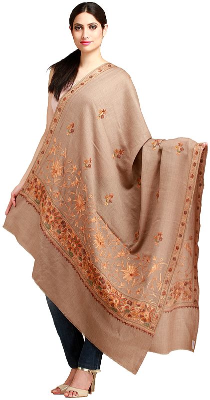 Simply-Taupe Shawl from Amritsar with Aari Floral Embroidery on Border