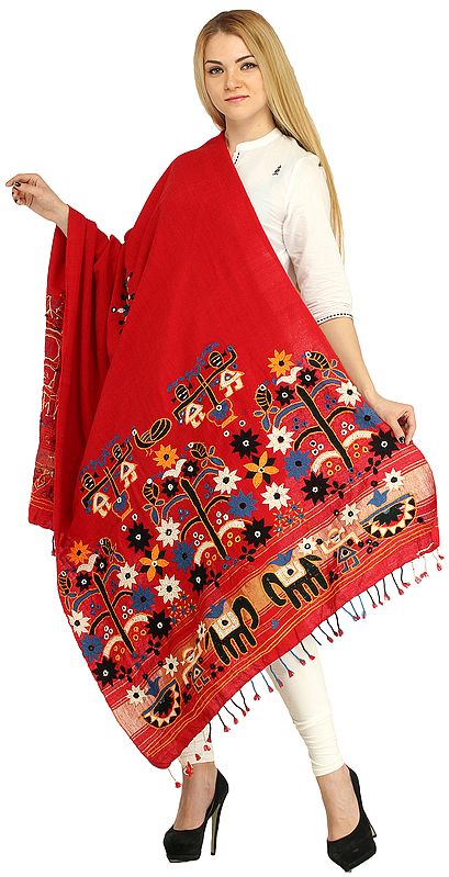 Cardinal-Red Shawl from Kutch with Embroidered Flowers and Mirrors