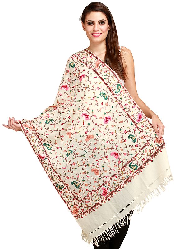 Ivory Aari Stole with Embroidered Paisleys in Multi-color Thread