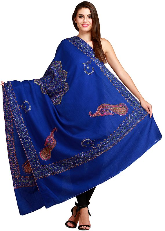 Dazzling-Blue Tusha Shawl from Kashmir with Sozni-Embroidery by Hand
