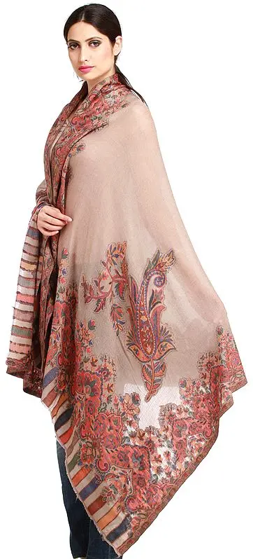 String-Gray Cashmere Kani Shawl with Woven Flowers