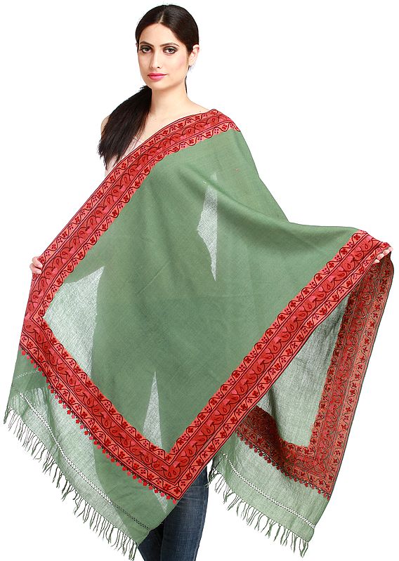 Green-Bay Stole from Kashmir with Aari Hand-Embroidery on Border