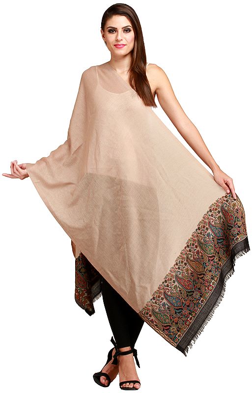 Light-Taupe Self-Weave Kani Stole from Amritsar with Woven Paisleys on Border