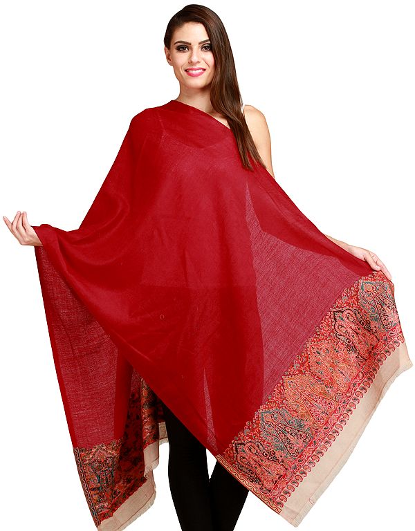 Scarlet-Red Amritsari Kani Stole with Woven Paisleys on Border