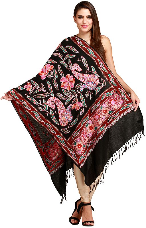 Caviar-Black Stole from Amritsar with Aari-Embroidery in Multicolor Thread