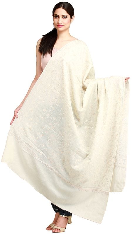 Ivory Tusha Shawl from Kashmir with Sozni Hand-Embroidery All-Over