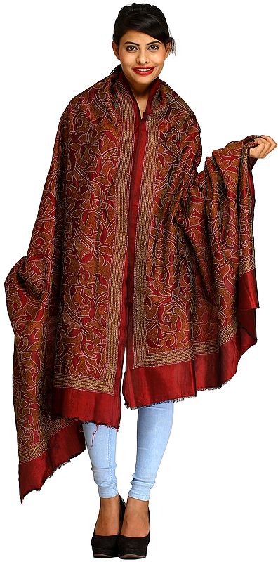 Ruby-Wine Kantha Embroidered Dupatta from Kolkata with Paisleys