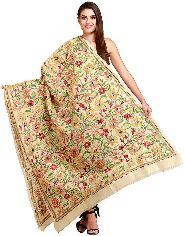 Almond-Oil Dupatta from Kolkata with Kantha Hand-Embroidered Sunflowers