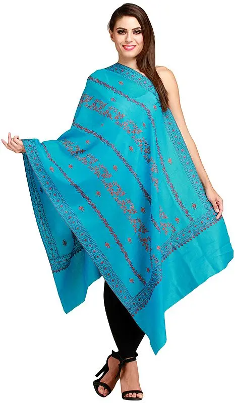 River-Blue Kashmiri Tusha Stole with Sozni Embroidery by Hand
