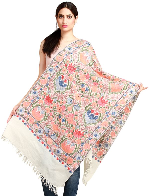 Cream Kashmiri Stole with Aari Embroidered Flowers All-Over