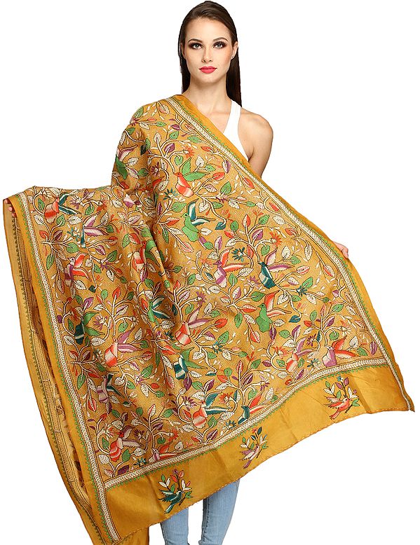 Chinese-Yellow Densely Embroidered Kantha Dupatta from Kolkata with Birds