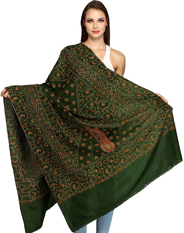 Dark-Green Kashmiri Tusha Shawl with Sozni-Embroidery by Hand