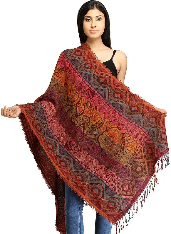 Multicolor Reversible Jamawar Stole with Floral Weave