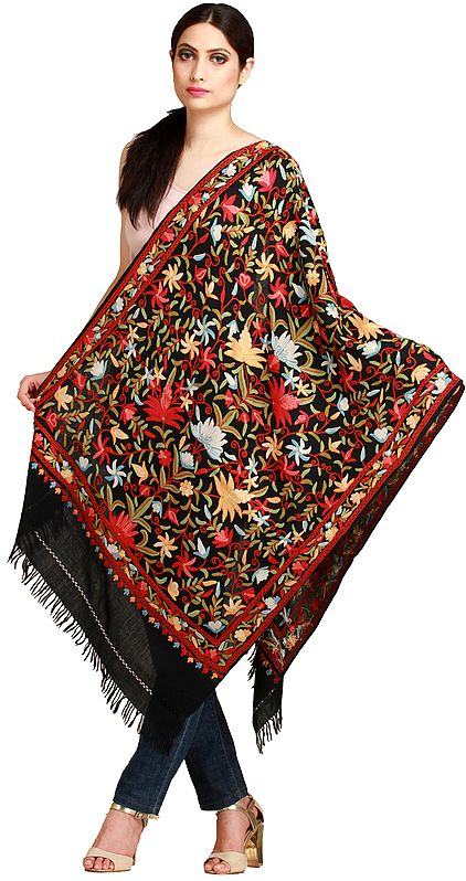 Jet-Black Kashmiri Stole with Aari-Floral Embroidery by Hand