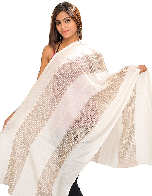 Ivory Semi-Cashmere Reversible Stole with Thread Weave