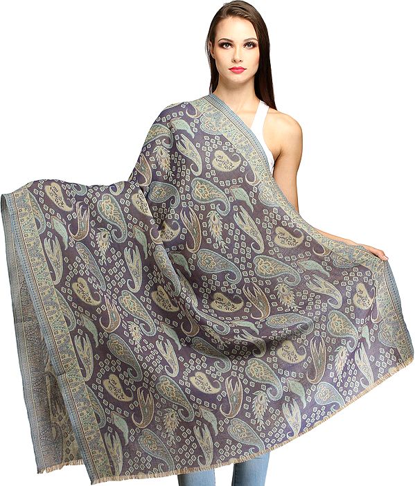 Folkstone-Gray Reversible Jamawar Shawl with Woven Paisleys All-Over