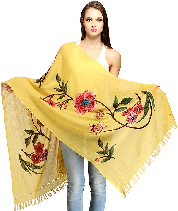 Kashmiri Stole with Aari Hand-Embroidered Flowers and Butterfly