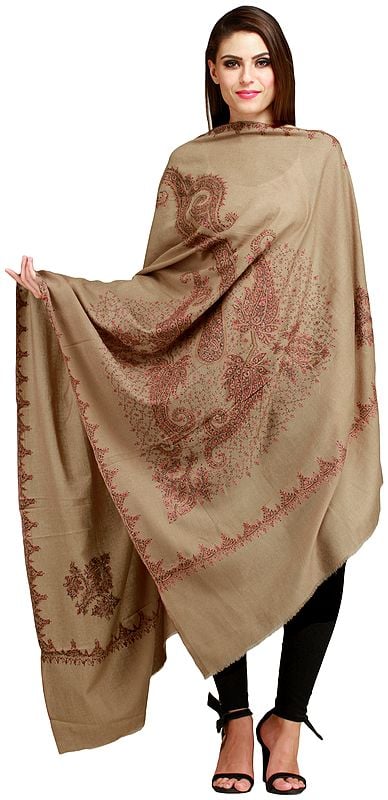 Plaza-Taupe Kashmiri Tusha Shawl with Needle Hand-Embroidered Paisleys