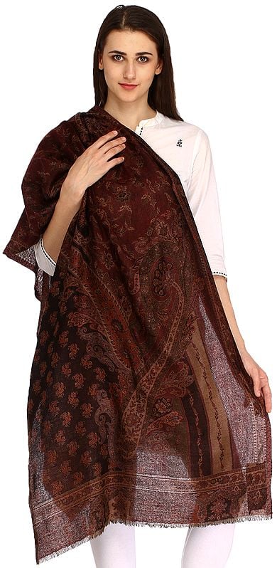 Red-Mahogany Reversible Pashmina Jamawar Stole with Floral Weave