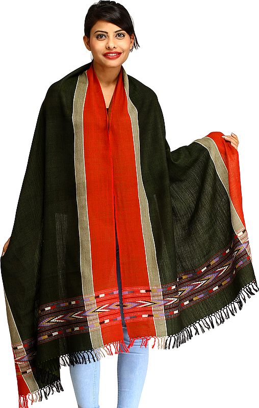 Dark-Green and Red Stole from Kullu with Woven Border