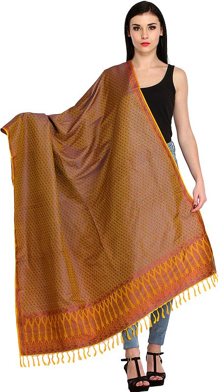 Chinese-Yellow Brocaded Shawl from Banaras with Tanchoi Weave All-Over