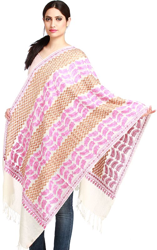 Ivory Aari-Embroidered Stole from Amritsar