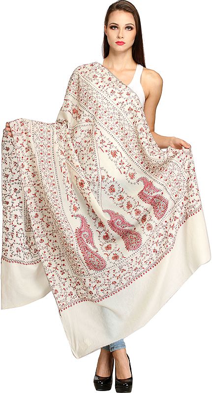 Ivory Tusha Shawl from Kashmir with Sozni Hand-Embroidery All-Over