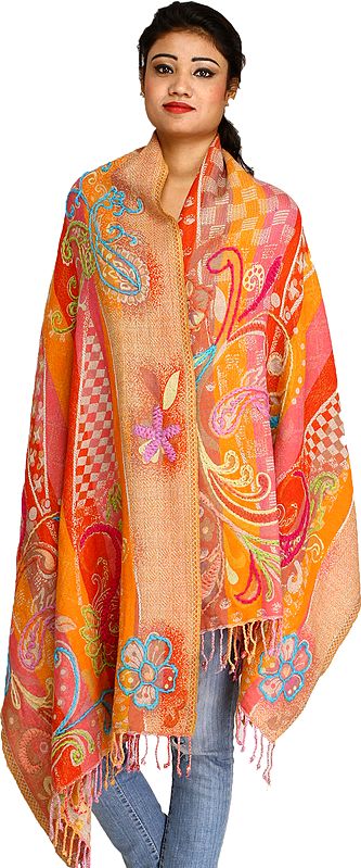Multicolor Jamawar Stole from Amritsar with Embroidered Paisleys