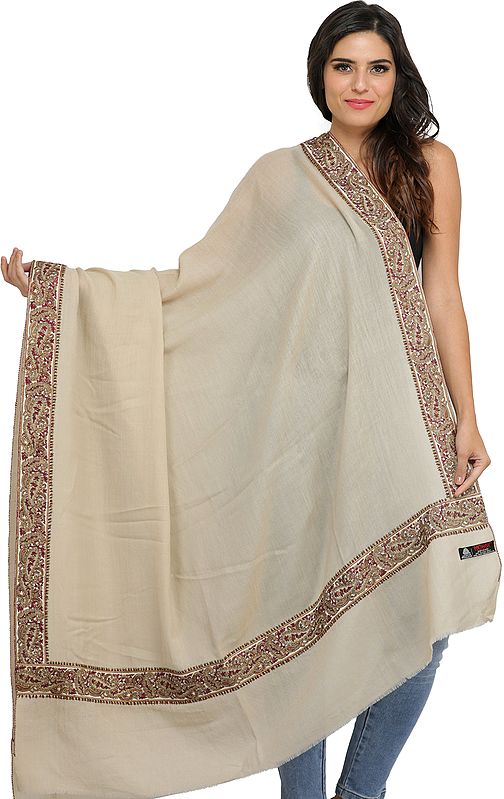 Plain Shawl from Amritsar with Paisleys Embroidered Patch Border