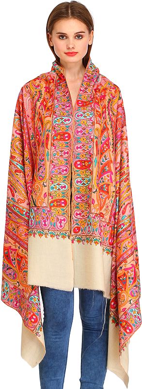 Cream Kashmiri Pure Pashmina Shawl with Papier Mache Hand-Embroidered Paisleys in Multi-color Thread