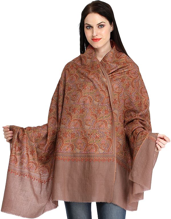 Pure Tusha Shawl from Kashmir with All-Over Needle Embroidery by Hand