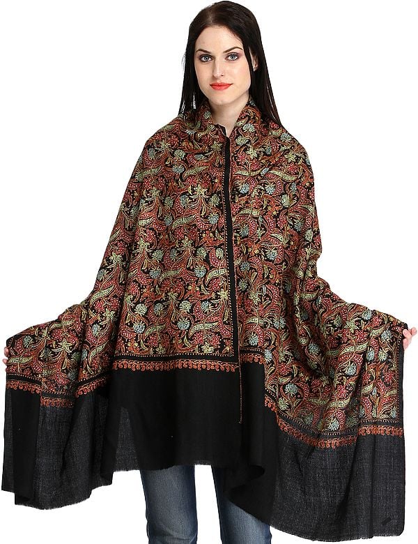 Pure Tusha Shawl from Kashmir with All-Over Needle Embroidery by Hand